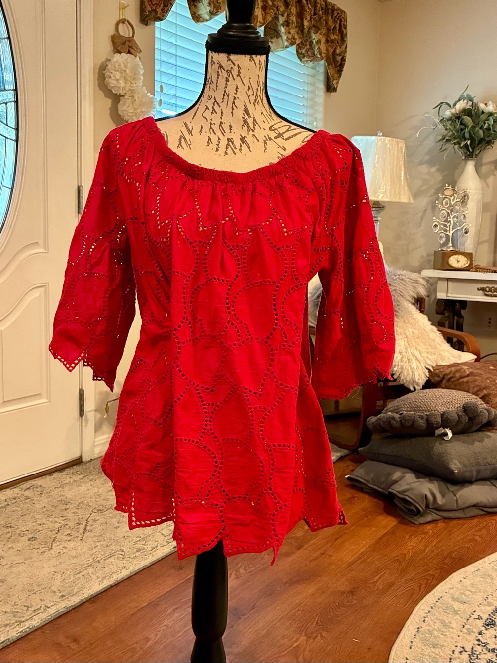Lauren Michelle Red Eyelet Peasant Tunic